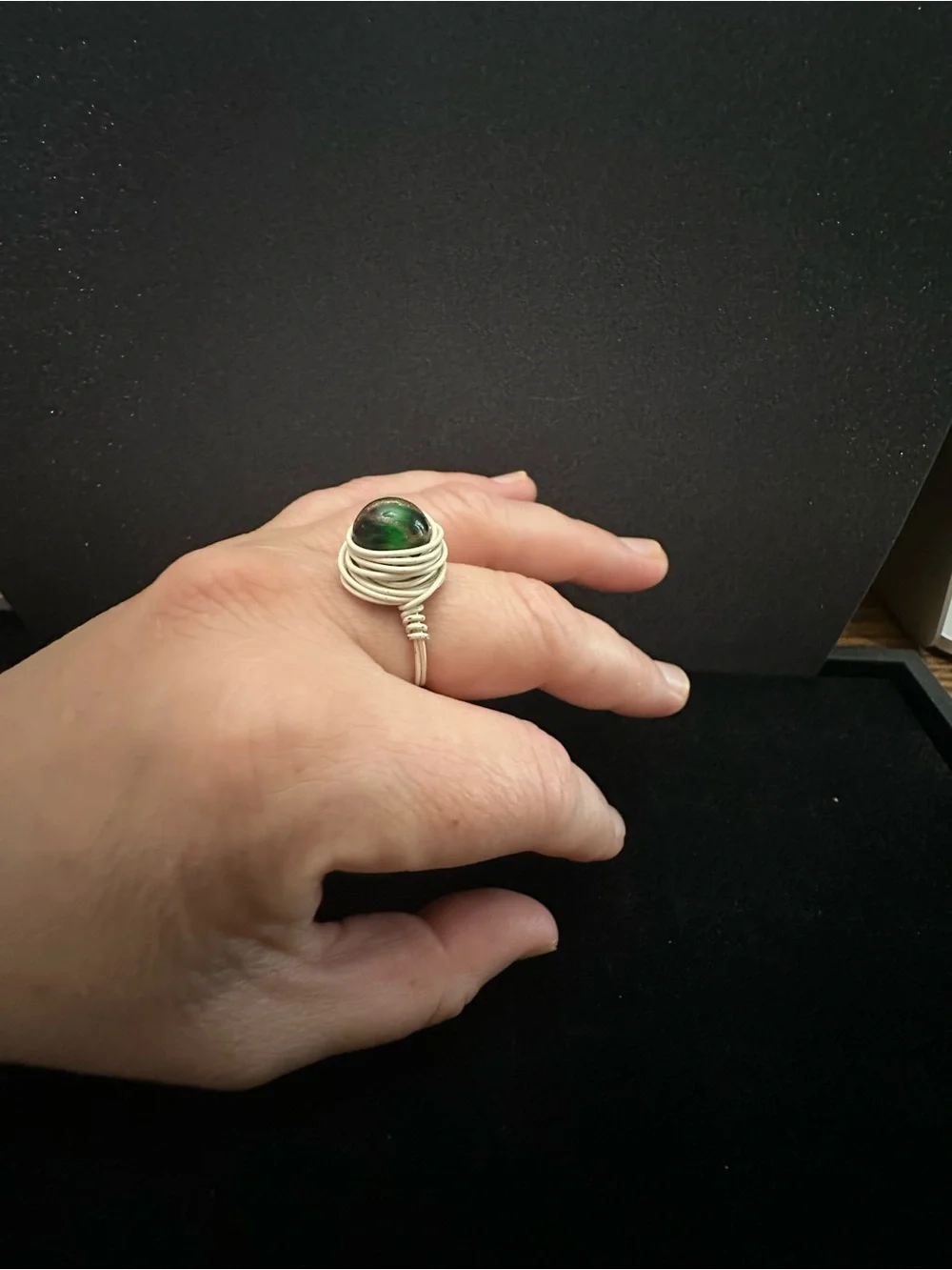 Handcrafted Antique White Silver Vermeil Ring with Green and Gold Stone